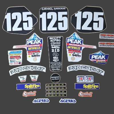 1991 Honda CR125 Peak Antifreeze complete replica graphics kit showing all decals laid out